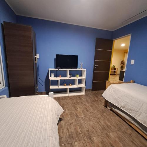 1 dormitorio con 1 cama, TV y paredes azules en LOS MELLIS en Villa Elisa