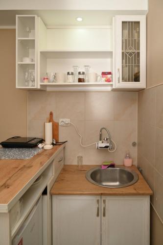 a kitchen with a sink and white cabinets at Golden Star Viktor in Zaječar