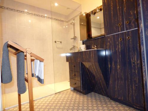a bathroom with a shower and a wooden door at Chateau Magondeau in Saillans