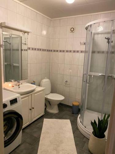 La salle de bains est pourvue d'un lavabo et d'une douche. dans l'établissement Leilighet med god utsikt, à Tromsø