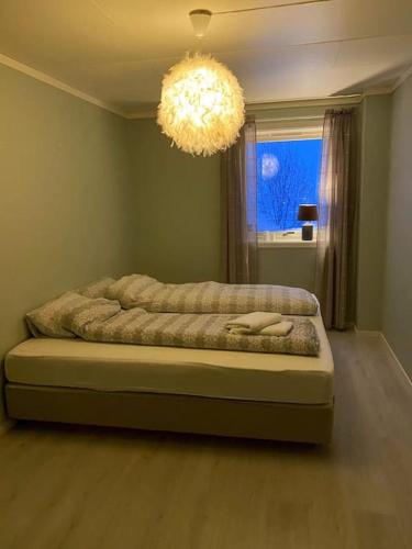 1 dormitorio con 1 cama con lámpara de araña y ventana en Leilighet med god utsikt, en Tromsø