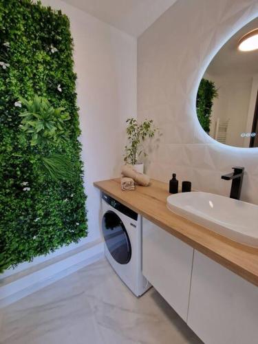 une salle de bain avec une machine à laver et un lavabo dans l'établissement Perle d'Évasion - Cinéma privée - 15 minutes Paris, à Athis-Mons