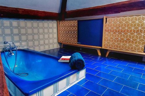 a bathroom with a blue tub with a cat laying on it at Paris and Disneyland .Couvent médiéval in Brie-Comte-Robert