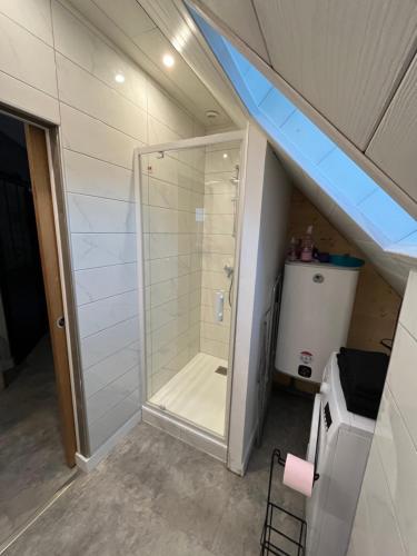 baño con ducha y puerta de cristal en LE CHALET, en Gavarnie