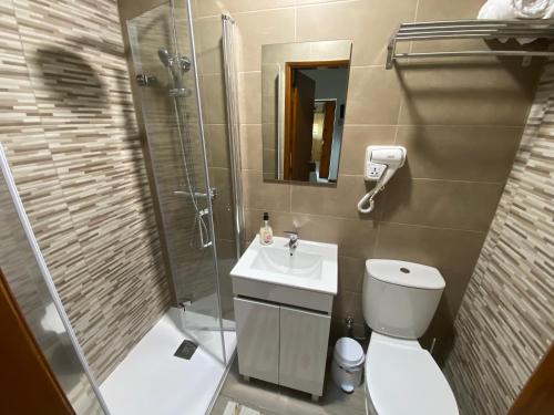 a bathroom with a shower and a toilet and a sink at Casa da Chapinheira in São Pedro de Alva