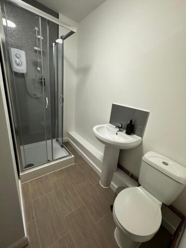 a bathroom with a toilet and a shower and a sink at The Airman in Feltham