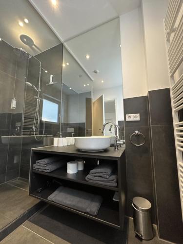 a bathroom with a sink and a large mirror at 4-Living Apartment Houses in Nuremberg