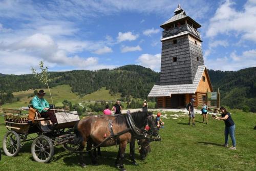a horse drawn carriage in front of a tower at Penzión Zbojnícky Halaš in Tisovec
