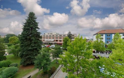 eine Aussicht über eine Stadt mit Bäumen und Gebäuden in der Unterkunft Apartmán Astra in Sezimovo Ústí