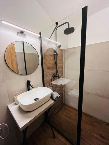 a bathroom with a sink and a shower at Apartament Turnul Olarilor in Sibiu