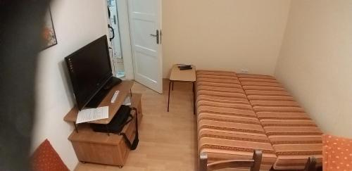 Kleines Zimmer mit einem Bett und einem Flachbild-TV. in der Unterkunft Ferienwohnung in Seenähe in Markkleeberg