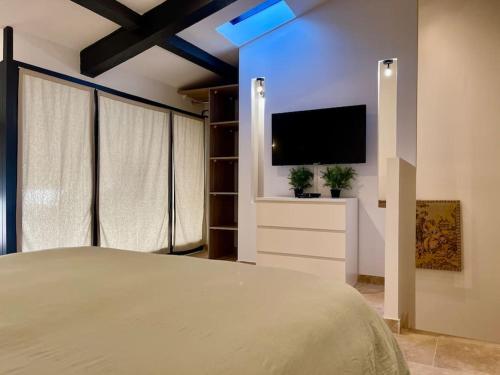 une chambre avec un lit et une télévision à écran plat dans l'établissement Le Saint-Jean - Cœur de La Cité Médiévale, à Carcassonne