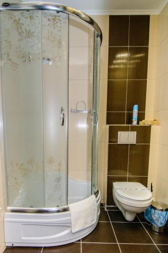 a bathroom with a shower and a toilet at Terminal-A Hotel in Lviv
