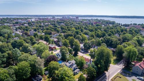 an aerial view of a town with trees and a river at The Dawson House Bed & Breakfast in Charlottetown