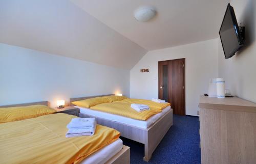 a hotel room with two beds and a flat screen tv at Penzion Neubauer in Ostružná
