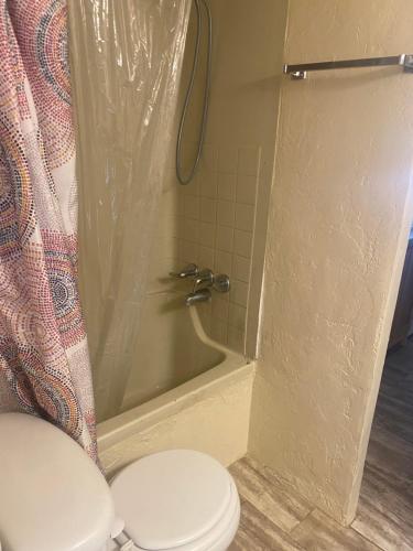 a bathroom with a toilet and a shower at Park Model Furnished #5 in Tucson