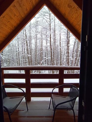 a screened in porch with two chairs and snow covered trees at Las Lorien - wynajem domków letniskowych in Roczyny
