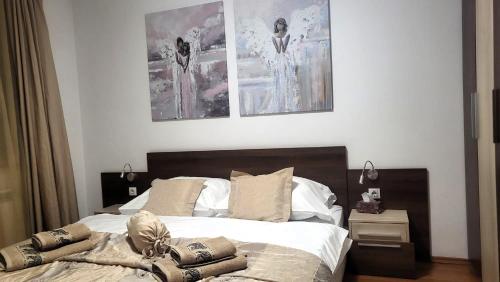 1 dormitorio con 1 cama con 2 cuadros en la pared en Privat apartment hotel Belvedere**** en Bansko