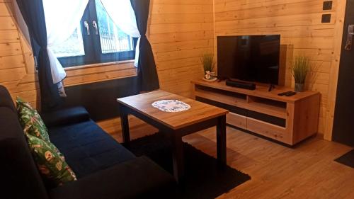 a living room with a tv and a table at Las Lorien - wynajem domków letniskowych in Roczyny