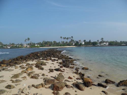 a beach with rocks and water and palm trees at Freedom River House Villa in Ahangama