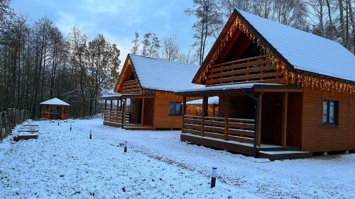 a log cabin with snow on the ground at Las Lorien - wynajem domków letniskowych in Roczyny