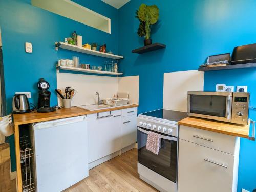 アラスにあるLe Cocon Bleu - Appartement Calme - Parking Gratuit - Fibreのキッチン(コンロ、電子レンジ付)