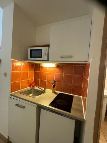 una pequeña cocina con fregadero y microondas en Location studio meublé 49€/nuit, en Sainte-Clotilde