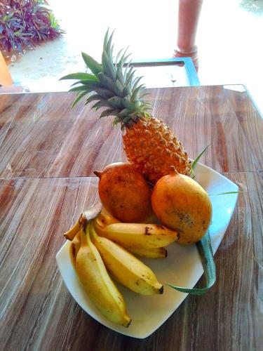 um prato com ananás e bananas numa mesa em Dolphin Village em Alankuda