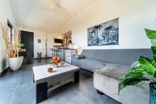 a living room with a couch and a table at Les Pailles en Queue - Vue mer - Appartements de Charme & Standing in Sainte-Marie