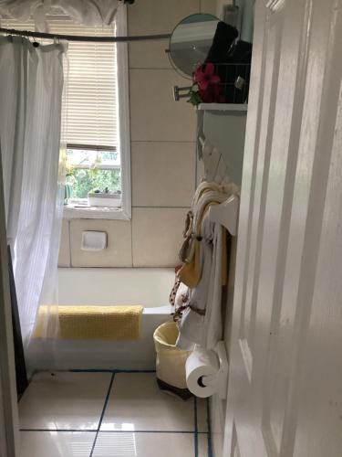 een badkamer met een toilet en een raam bij Call it Hone in Brooklyn