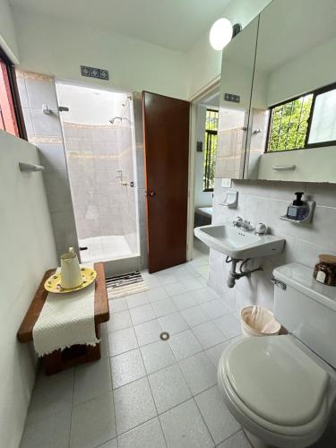 La salle de bains est pourvue de toilettes, d'un lavabo et d'une douche. dans l'établissement Finca El Remanso La Vega, à La Vega