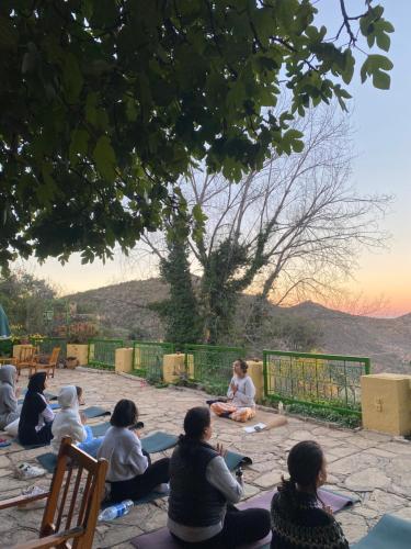 a group of people sitting on the ground watching the sunset at Auberge des Cascades Imouzzer - Paradise Valley in Imouzzer des Ida Ou Tanane