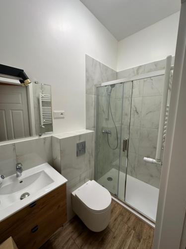 uma casa de banho com um chuveiro, um WC e um lavatório. em Cracow bb em Cracóvia