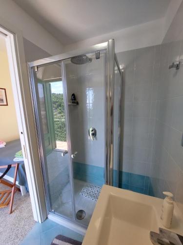 a shower with a glass door in a bathroom at JANET HOUSE in Amalfi