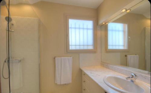 a bathroom with a sink and a shower and a mirror at Terrasse du Levant in Bocca del Oro