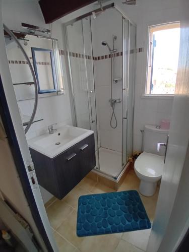 une salle de bain avec un lavabo, des toilettes et une douche dans l'établissement maison de vacances tout confort, au Cap d'Agde