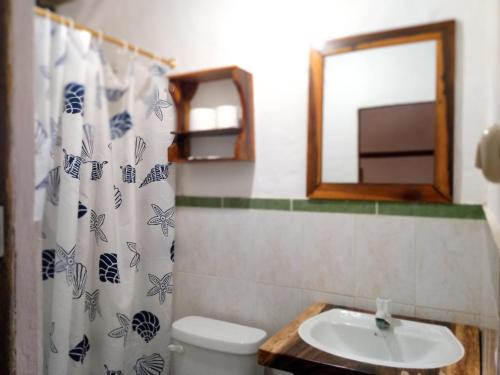 a bathroom with a toilet and a sink and a mirror at Canoamar in Canoa