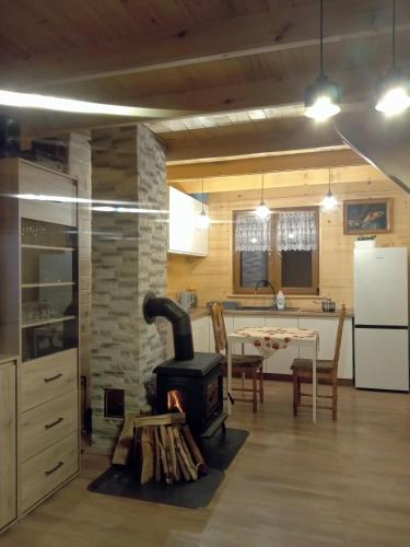 a kitchen with a stove in the middle of a room at Markowa Chata in Cisna