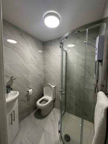 a bathroom with a toilet and a glass shower at Studio Flat in Luton Town Centre in Luton