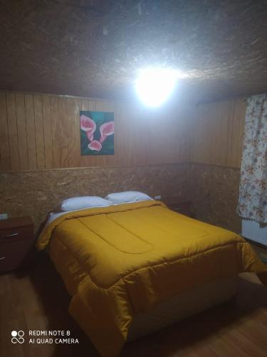 a bedroom with a yellow bed with a light on it at Hostal norteña in Villa O'Higgins