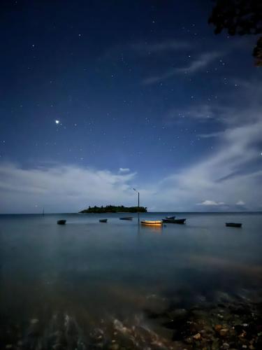 a night view of a beach with boats in the water at Deer House Cabuya in Cabuya