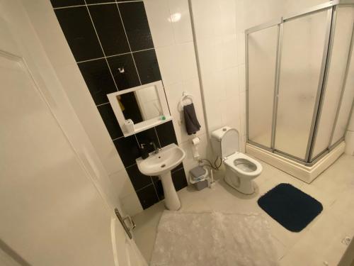 W łazience znajduje się prysznic, toaleta i umywalka. w obiekcie Spacious house near the airport w mieście Arnavutköy