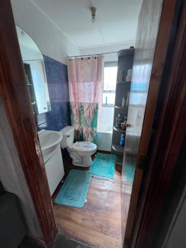 bagno con servizi igienici e 2 tappeti blu di Casa capdeville a Puerto Williams