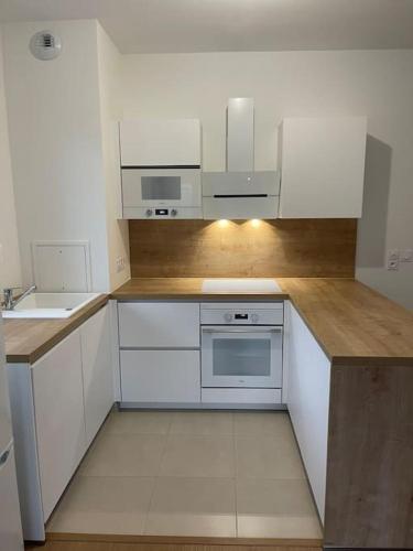 une petite cuisine avec des armoires blanches et un évier dans l'établissement Charmant appartement avec extérieur et parking, à Champigny-sur-Marne