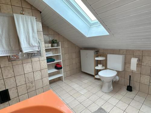 a bathroom with a toilet and a skylight at Ferienwohnung Löchgau in Löchgau