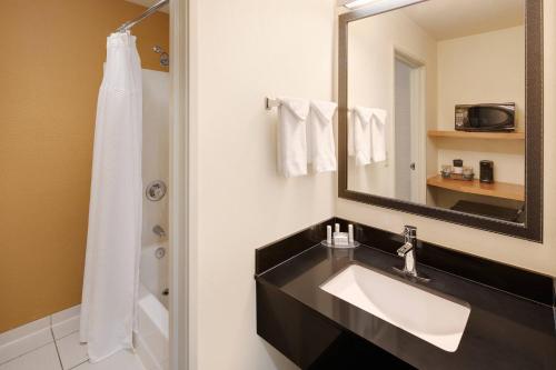 a bathroom with a sink and a mirror at Fairfield Inn & Suites Indianapolis Airport in Indianapolis