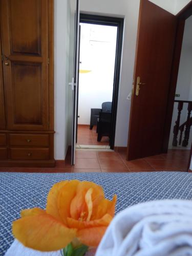 a orange flower sitting on a bed in a room at Lodge & Hike Almograve 2 in Almograve