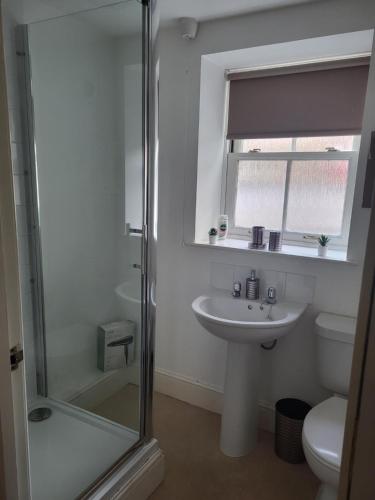 a bathroom with a shower and a sink and a toilet at Charming 2-Bedroom Retreats in Axminster