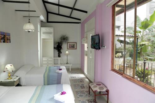 1 dormitorio con 2 camas y ventana en Posada Las Bromelias, en Silvania