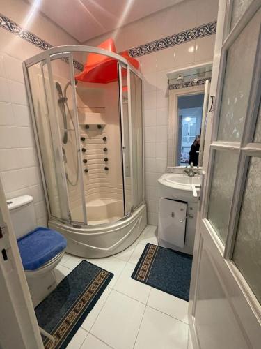 a bathroom with a shower and a toilet and a sink at APPART SARAH Plage in Hammamet Nord